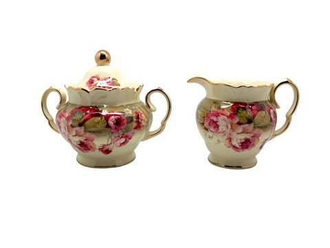 סט חלבון וסוכרון פורצלן עיצוב וורדים וזהב