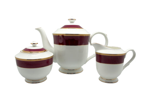 סט קומקום חלב סוכר ניו בון ציינה דגם שיש אדום