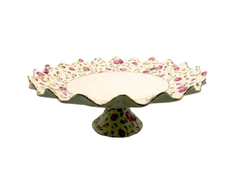 צלחת הגשה לעוגה עם רגל 37ס"מ קוטר שושנים וזהב